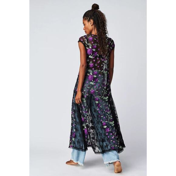 New Free People Sky Bright Floral Midi Dress $228 MEDIUM Black/Purple Sheer Mesh - Picture 3 of 7